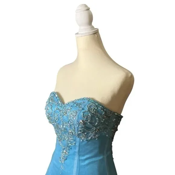 Davids Bridal Beaded Strapless Blue Dress Prom Flower Girl Gown Corset Tulle 0 - Picture 4 of 12